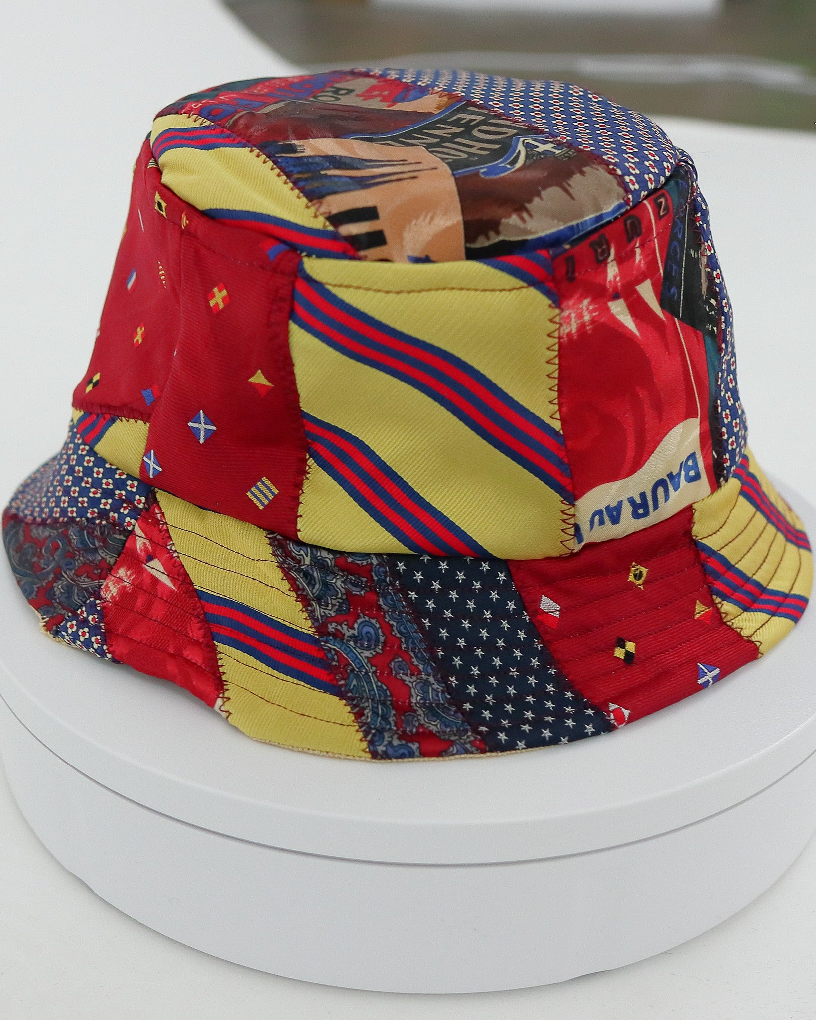 Red & Yellow World Travel Upcycled Tie Bucket Hat