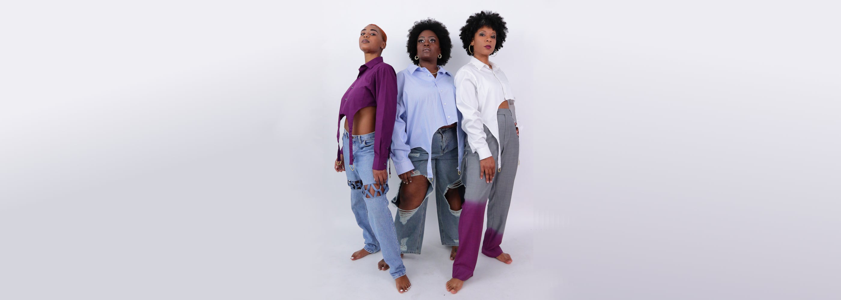 3 black women of all sizes wearing cropped blouses