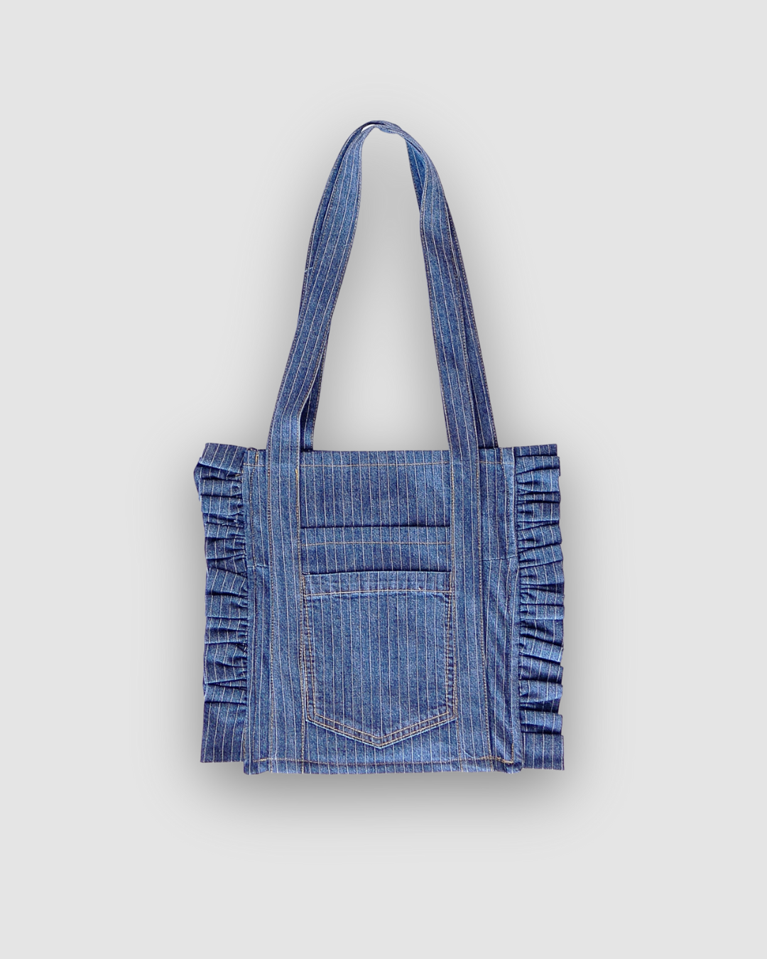 Ruffled Tote Bag (Small Striped Denim)