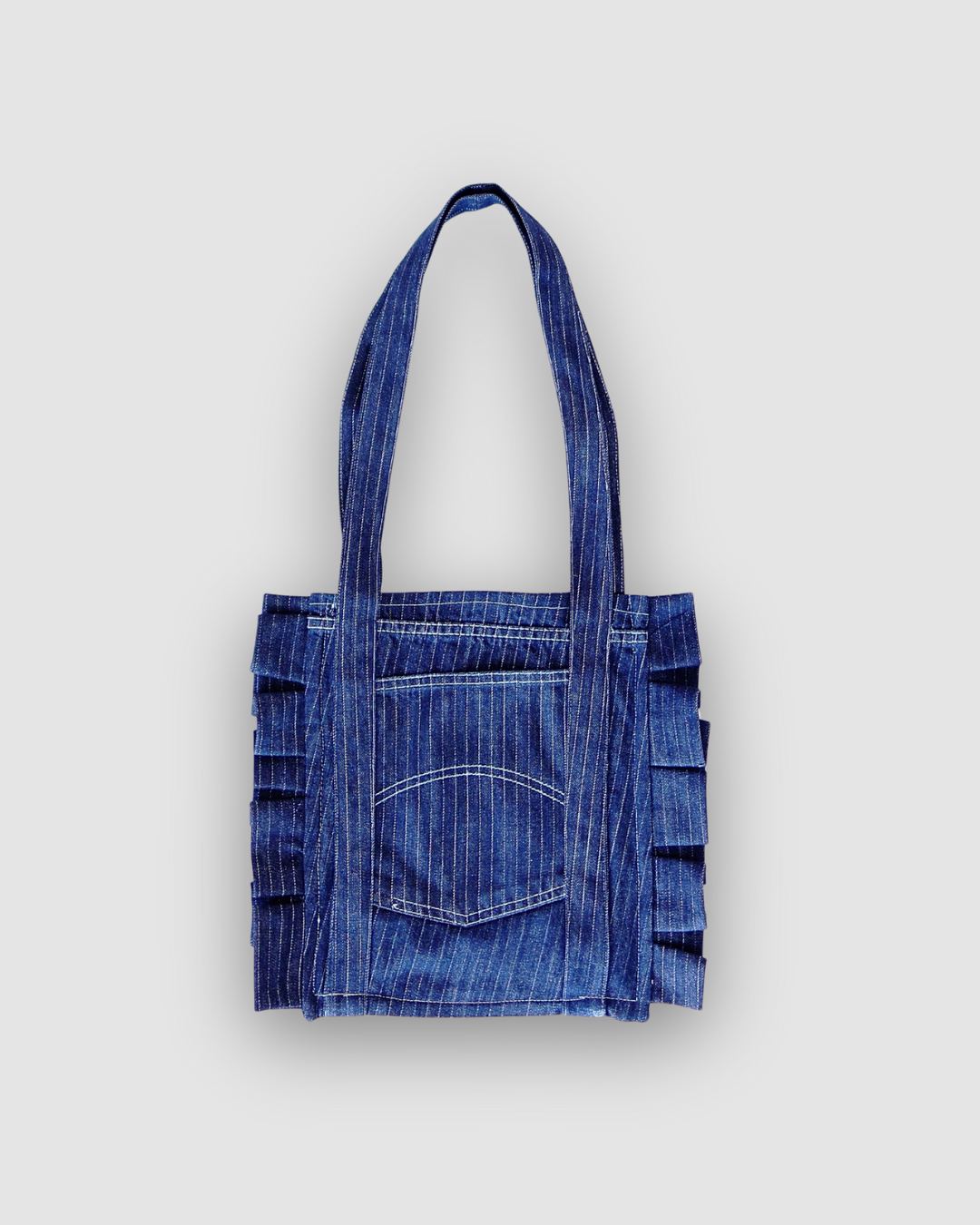 Ruffled Tote Bag (Small Striped Denim)