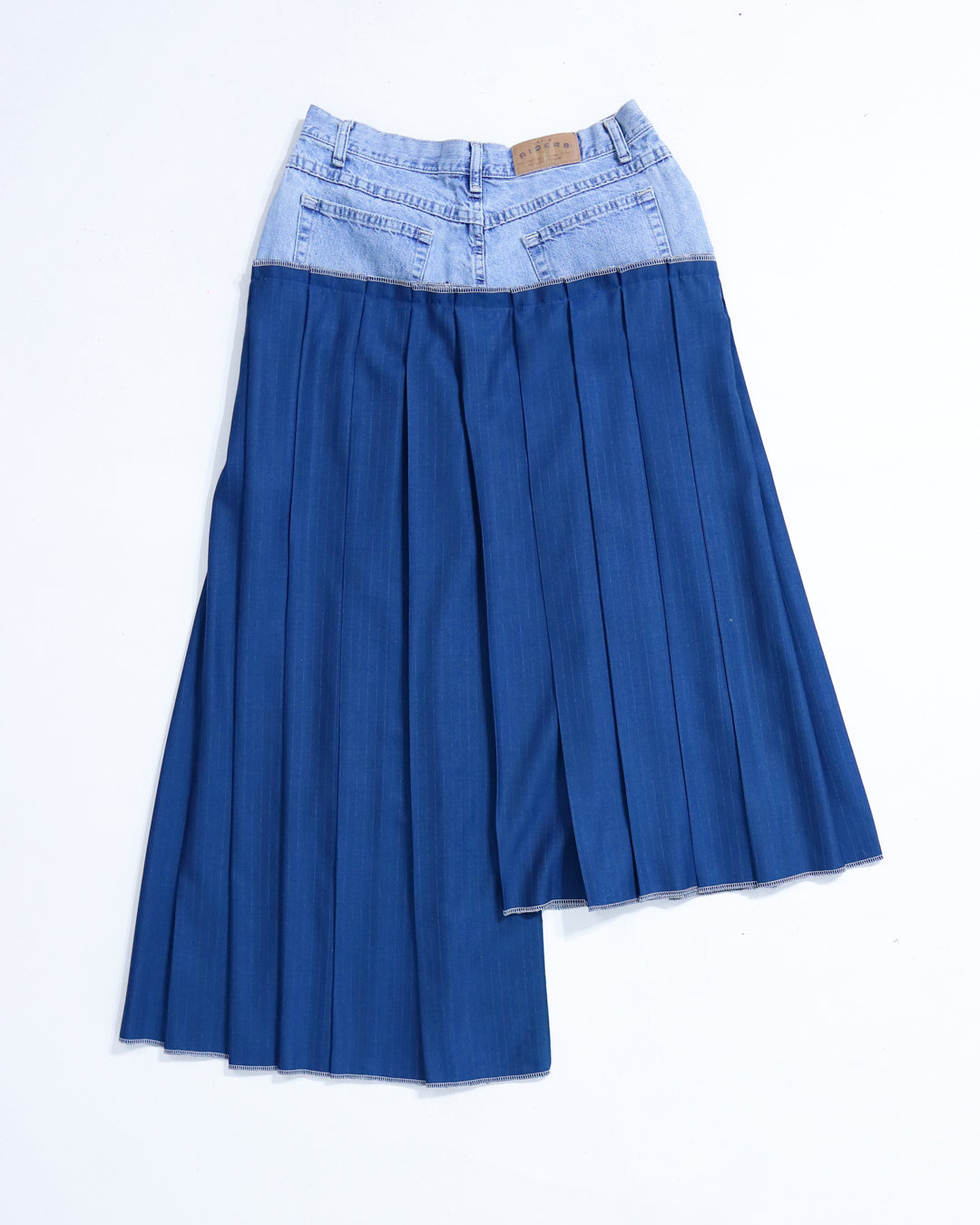 Denim Asymmetric Pleated Skirt - Navy (Size 8)