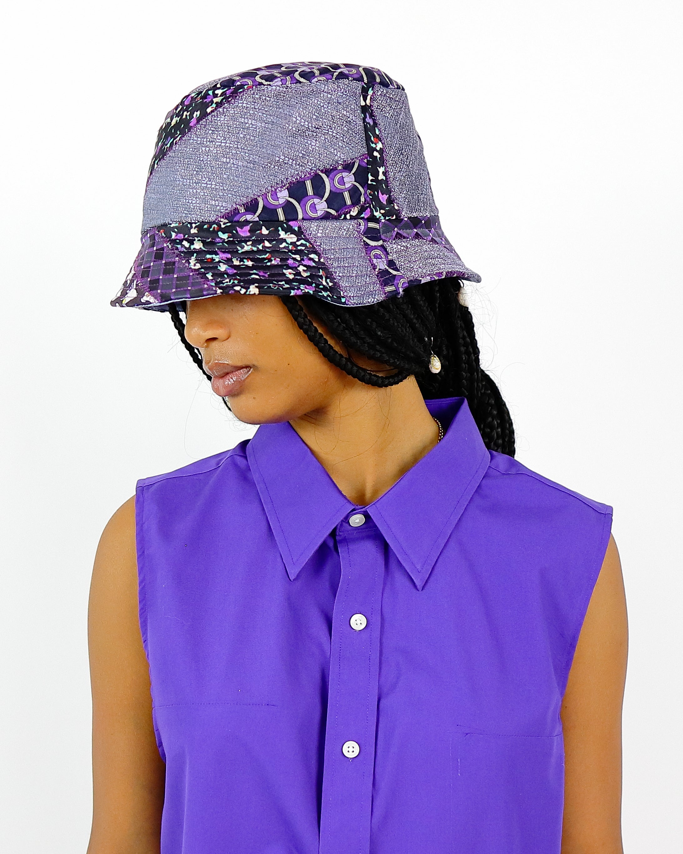 Purple Patterned Upcycled Tie Bucket Hat