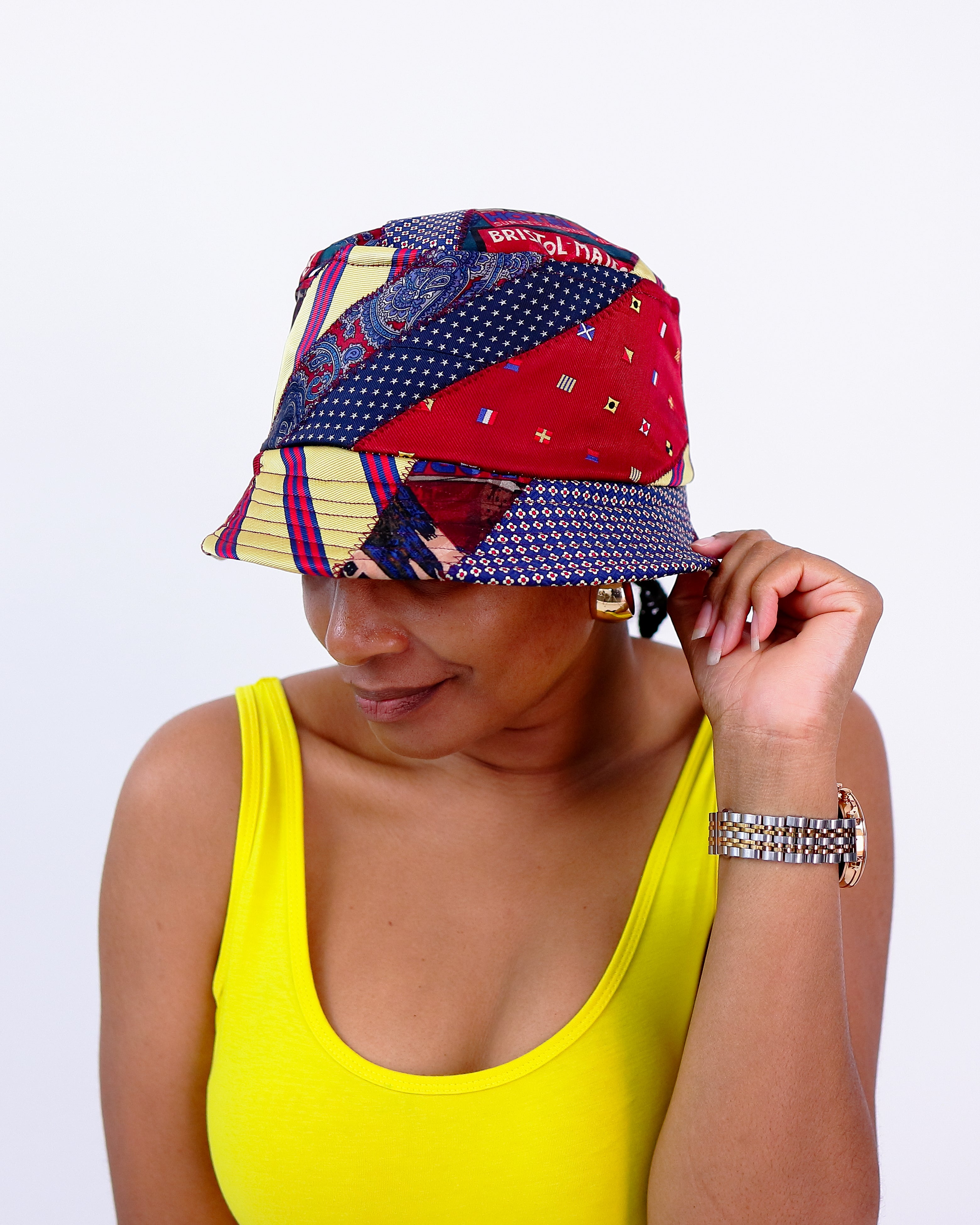 Red & Yellow World Travel Upcycled Tie Bucket Hat